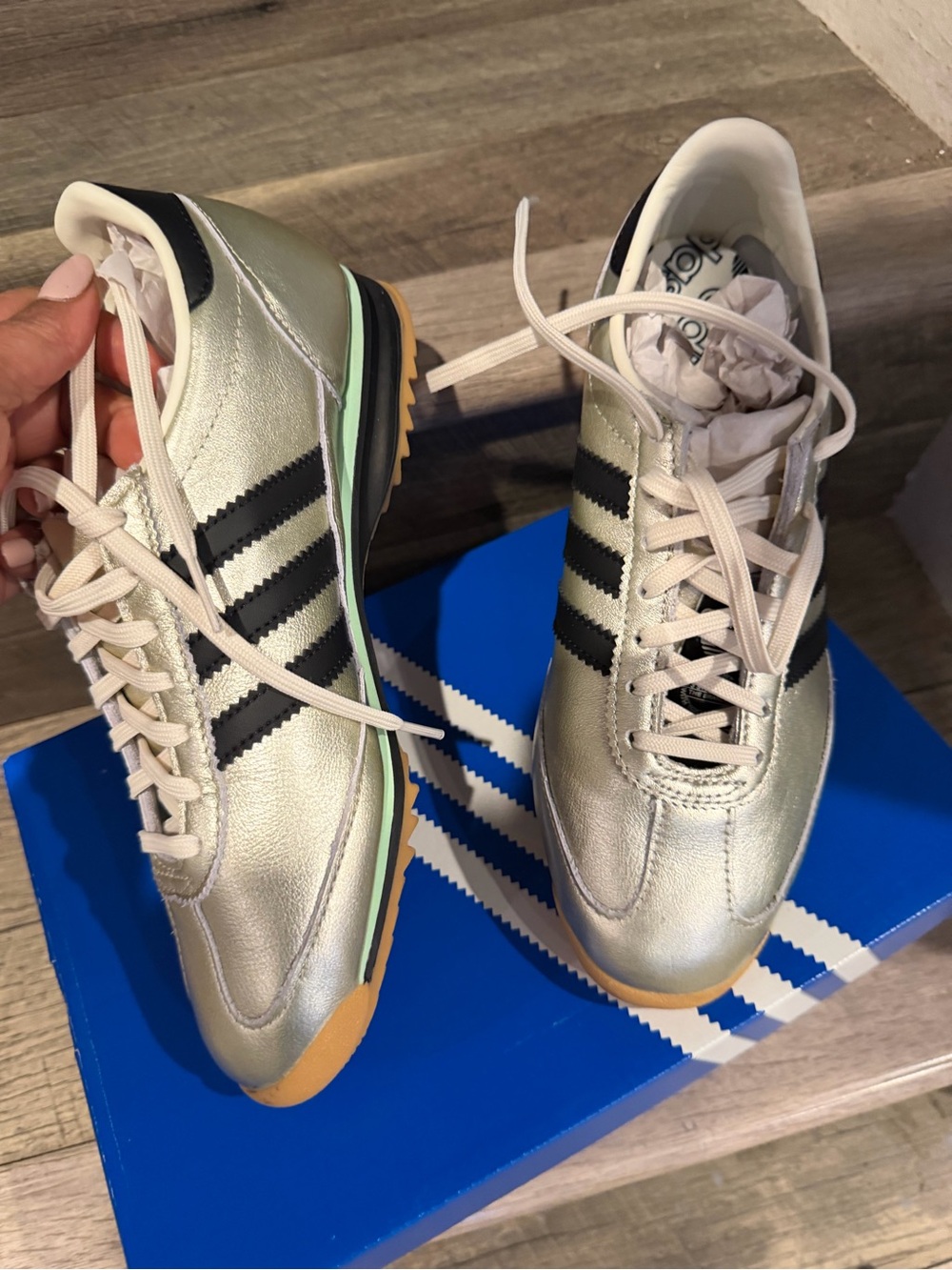 Adidas Silver Sneakers with Black Stripes and Gum Outsole